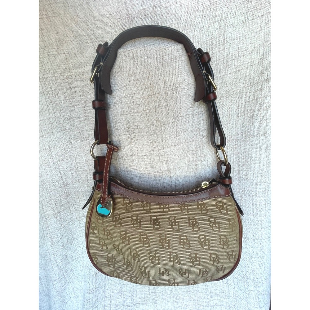 Dooney & Bourke Signature Monogram Canvas Small Hobo Shoulder Bag Brown Tan